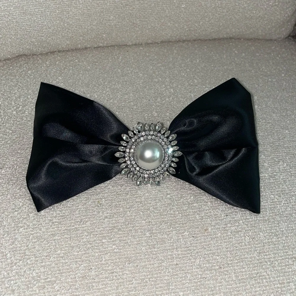 Revolve Lovers and Friends‎ Black Satin Bow Crystals Hair Barette